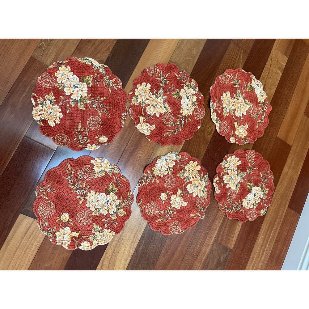 Fabric Placemat Set Red Country Floral Stripes Set of 6 Quilted